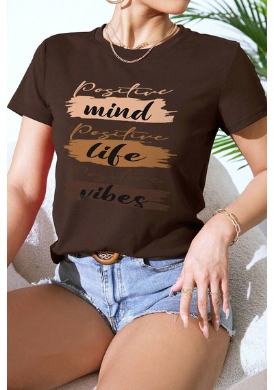 Uyguntarz Unisex Mind Life Vibes Baskılı Oversize Tshirt Kahverengi