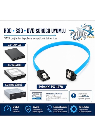 Primex Px-1478 Sata To Sata 3.0 Data Kablosu, 0.5 Metre Hdd Ssd Dvd Sürücü Bağlantı Kablosu, Sata Iıı 6gbps Uyumlu Harddisk Ssd Veri Aktarım Kablosu, Pc Masaüstü Bilgisayar İçin Sata Kablo