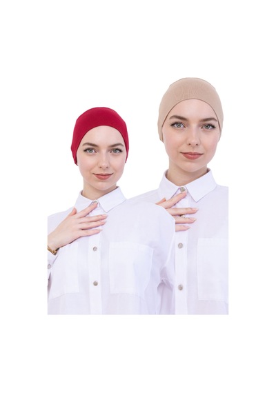 Modish Group Kadın Tesettür Bone Bağcıklı Dikişsiz Penye 4 Parça Set Bordo, Kahverengi, Koyu Vizon, Açık Vizon