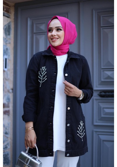 Harman Butik Kadın Boncuk Detaylı Denim Kot Ceket Siyah Siyah