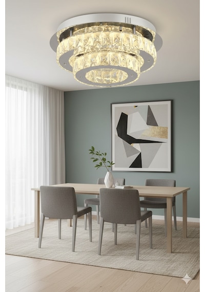 Ahu Kristal Taşlı 3 Kademeli Modern Ledli Salon Avize Krom