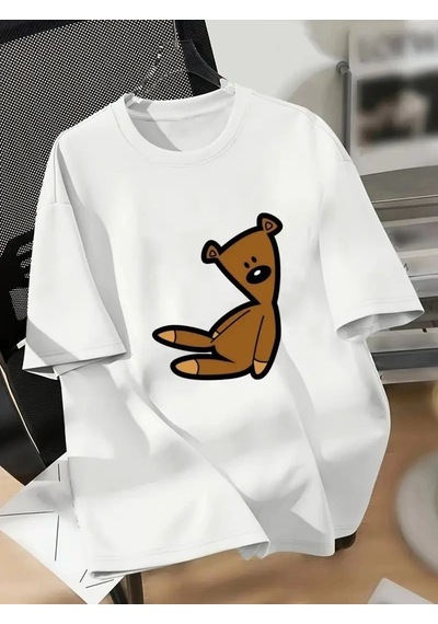 Kadın Tişört Bisiklet Yaka Ayı Baskılı Yazlık Kısa Kol T-shirt - Beyaz