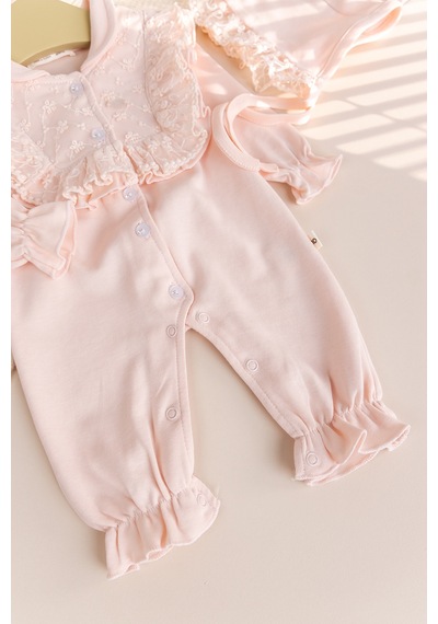 Babymod Güpürlü Şapkalı Bebe Yakalı 100% Pamuk Kız Bebek Tulum Somon