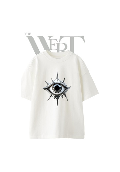 Thewert Chrome Spiked Eye Tasarım Baskılı Ünisex Beyaz Oversize T-shirt