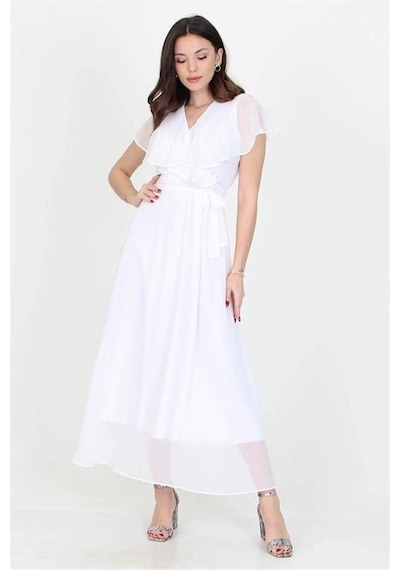 Dip Moda Kadın Melek Kol Uzun Şifon Elbise Dpnb0001 BEYAZ Beyaz