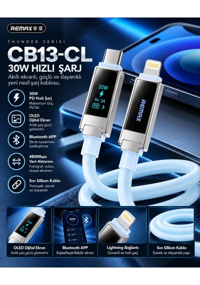 Remax Cb13-cl Thunder Serisi 30w Oled Ekranlı Bluetooth App Kontrollü Type-c To Lightning Hızlı Şarj Ve Data Kablosu 1.2 Metre Buz Mavisi