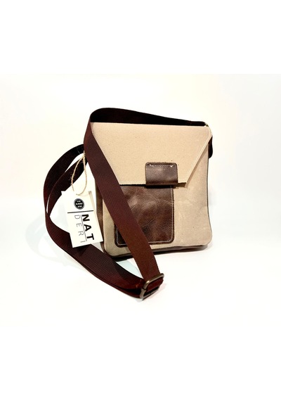 Natderi Hakiki Deri Ve Kanvas Omuz Çantası 20x21 Cm Ayarlanabilir Askılı, Ön Cepli Unisex Günlük Çanta Açık Bej - Acı Kahve
