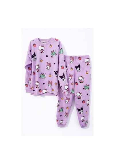 Kuromi Hello Kitty Desenli Kız Çocuk Pijama Takımı Beyaz