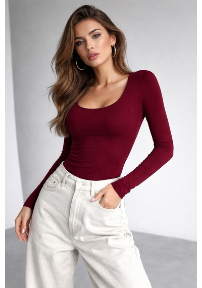 Wild Bee Kadın Bordo U Yaka Esnek Uzun Kollu Pamuklu Bluz
