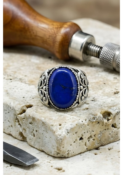 Hünkar Model El İşi Lapis Lazuli Taşlı Gümüş Yüzük 30 Gümüş