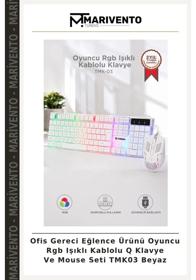 Ofis Gereci Eğlence Ürünü Oyuncu Rgb Işıklı Kablolu Q Klavye Ve Mouse Seti Tmk03 Beyaz