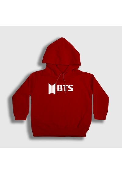 Presmono Unisex Çocuk Logo Bts Kapüşonlu Sweatshirt Kırmızı