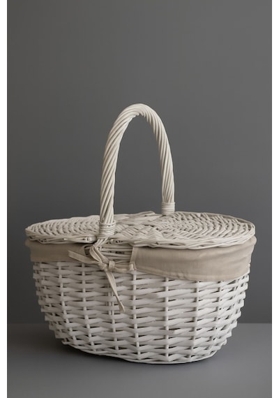 Beyaz Hasır Piknik Sepeti 40x30x19 Cm Kapaklı Termoform Sepet Krem Kumaş Detaylı Beyaz