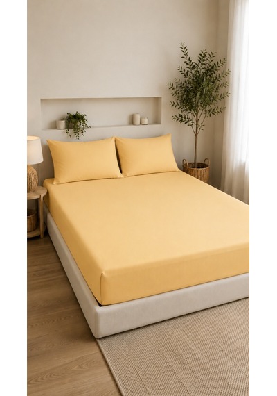 Çift Kişilik Lastikli Çarşaf Takımı 2 Adet Yastık Kılıflı 50x70 160x200+30 %100 Pamuk Sarı