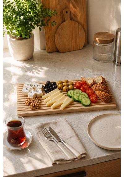 Bambu Sunumluk 39x17 Cm Kahvaltı Peynir Zeytin Servis Tahtası Oluklu Ahşap Sunum Tabağı Açık Kahverengi