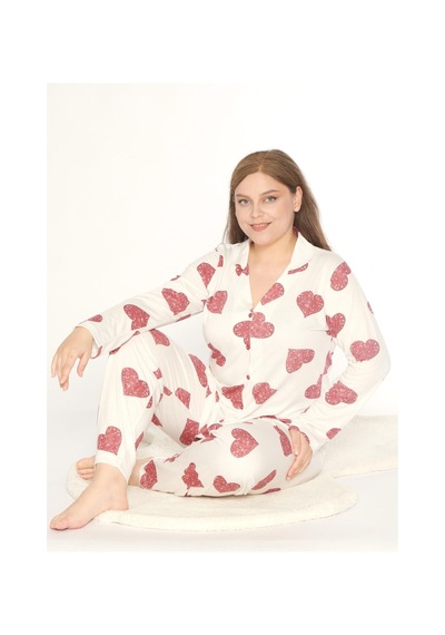 Boydan Düğmeli Battal Kalp Desen Uzun Kol Pijama Takım Mevsimlik Alperi B790-47 Bordo