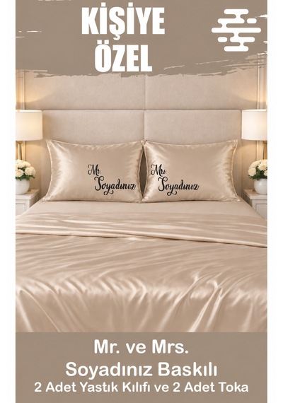 Kişiye Özel Baskılı Saten Yastık Kılıfı 2 Adet 50x70cm 2 Adet Hediye Saten Tokalı Bej