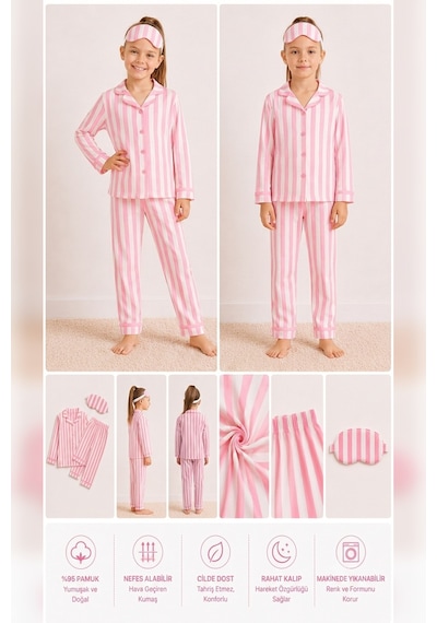 Ahengim Kız-erkek Çocuk Çizgili Kalpli Puantiyeli Desenli Pamuklu Pijama Takımı Göz Bantlı 3 Lü Set Ak2610 Pembe Ahengim Kız-erkek Çocuk Çizgili Kalpli Puantiyeli Desenli Pamuklu Pijama Takımı Göz Bantlı 3 Lü Set Ak2610 Pembe