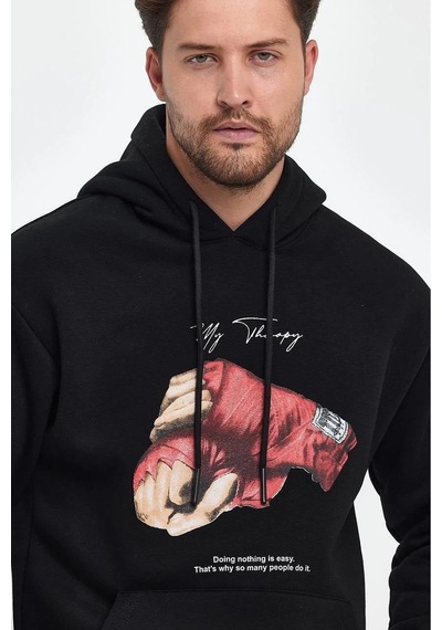 Erkek 3 İplik Pamuklu Kapüşonlu Cepli Boxy Eldiven Baskılı Hoodie Sweatshirt - Siyah