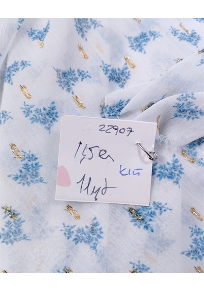 Beyaz Üzeri Mavi Çiçekli Dore Simli Krinkıl Şifon Kumaş Elbiselik & Pareoluk En: 145cm-12464 Beyaz,mavi,dore