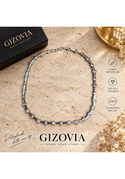 Gizovia Gümüş Renk Kare Ve Baget Taşlı Geometrik Kadın Kolye