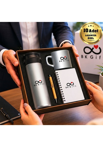 Logonuza Özel 10 Adet Ahşap Kutulu Gümüş Kurumsal Hediye Seti Cam Suluk, Seramik Fincan, Defter Ve Kalemli Promosyon Seti Bitmeyencom37207 Bk Kurumsal