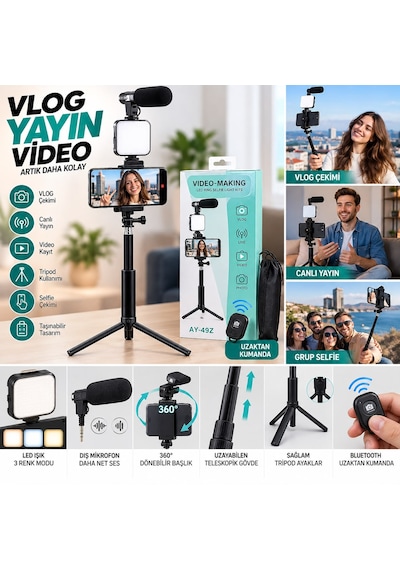 Mi 15 Uyumlu Profesyonel Vlog Çekim Seti Tripod Selfie Stick Led Işık, Harici Mikrofon Ve Bluetooth Kumandalı