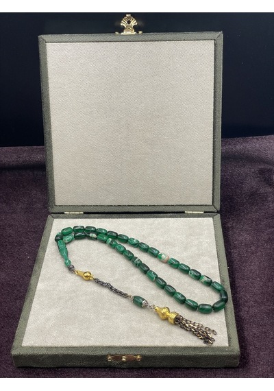 Gold Renkli Alpaka Aksamlı Sıkma Kehribar Tesbih Yeşil Tonları, 7x11 Mm