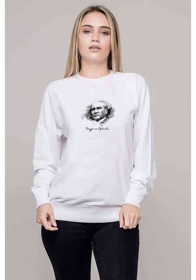 Ulu Önder Atatürkü Saygiyla Ve Özlemle Baskılı Beyaz Kadın Sweat