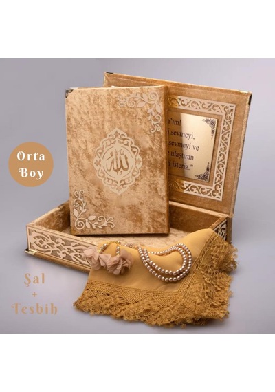 Şal + Tesbih + Kuran Hediye Seti Orta Boy, Şemslafzatullah, Gold Pleksi, Raşel Kutu, Gold