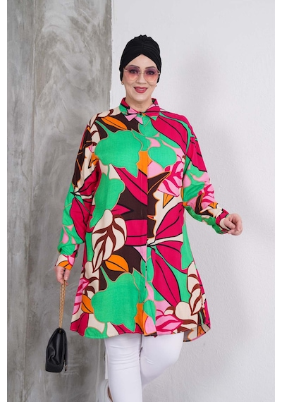 Polologin Butik Renkli Yaprak Desenli Gömlek Tunik Fuşya & Yeşil & Turuncu & Kahverengi