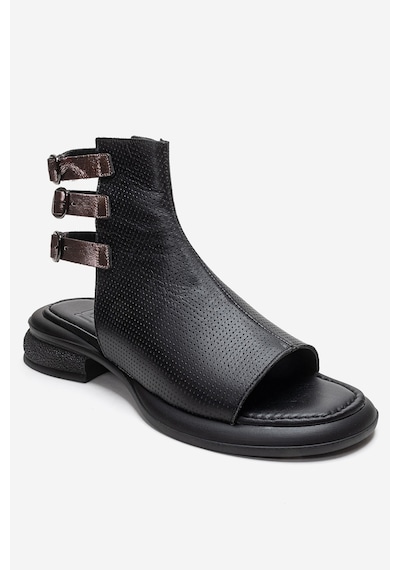 Luvishoes Carına Siyah Cilt Hakiki Deri Yandan Fermuarlı Kadın Sandalet