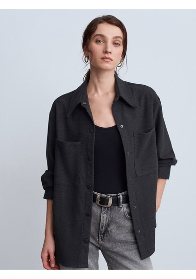 Dilvin 50537 Örme Oversize Gömlek-siyah Siyah