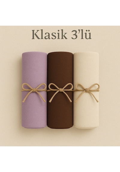 Mim Eşarp Penye Pamuksu Şal Klasik 3 Lü Set Lila - Kahve - Krem