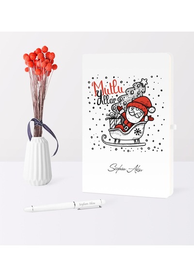Kişiye Özel Yılbaşı Noel Baba Temalı Beyaz Defter Kalem Seti - 5