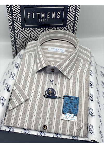 Klasik Kısa Kol Keten Cotton Nefes Alan Kumaş Hediye Kutulu Erkek Gömlek Fs-004574 - Bej-3308