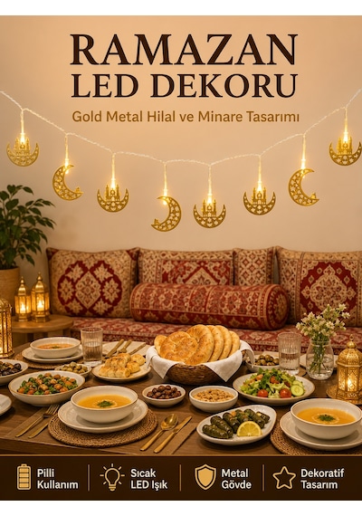 Minareli Hilal Led Işık Gold Metal Gövdeli Pilli Ramazan Dekoru Çokrenkli