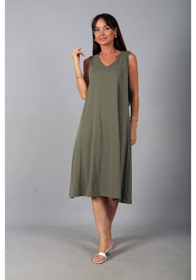 By Saygı Kadın V Yaka Ön Pervazlı Pike Kumaş Kolsuz Oversize Midi Elbise Haki