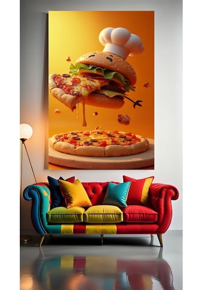 Pizza Yiyen Hamburger V1 Ev Duvar Salon Güzellik Salonu Ofis Dükkan Dekarasyon Kanvas Tablo