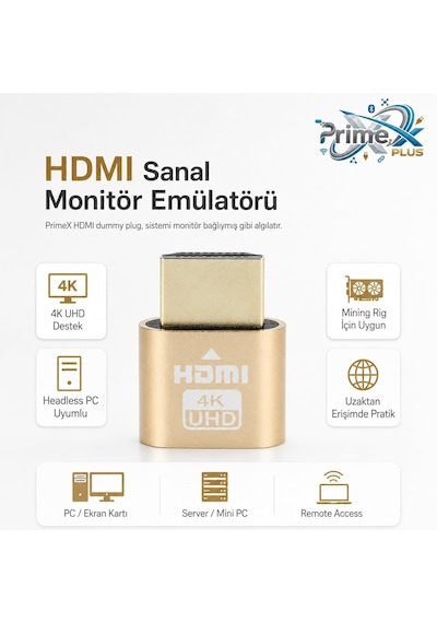 Primex Px-5245 Hdmı Dummy Plug 4k Uhd Sanal Monitör Emülatörü, Hdmı Ekran Kartı Dummy Adaptör, Mining Rig, Bitcoin, Headless Pc Ve Uzaktan Erişim İçin Monitör Taklit Aparatı