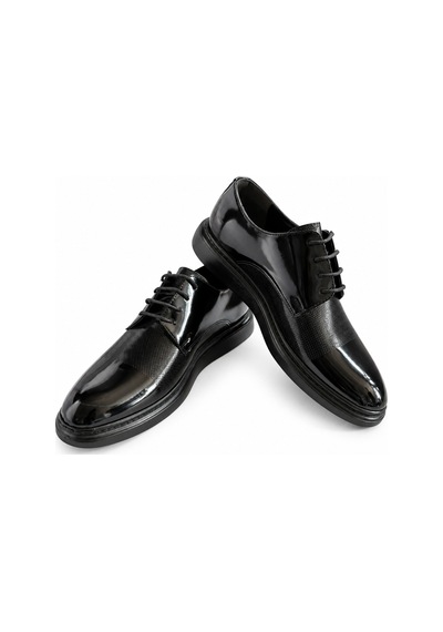 Yalçın Shoes Erkek Siyah Parlak Suni Deri Bağcıklı Klasik Ayakkabı Dokulu Ön Yüzey, Kalın Taban Damatlık Ayakkabı Siyah - 933647984 Siyah