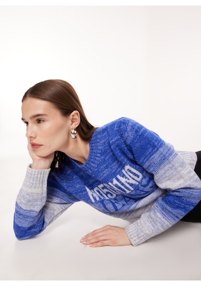 Moschino Jeans Bisiklet Yaka Baskılı Kazak Kadın J0924 Mavi
