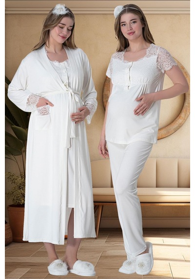 Mecit Pijama Mecit 6065 Ekru Uzun Sabahlıklı Gecelik Pijama Lohusa Set
