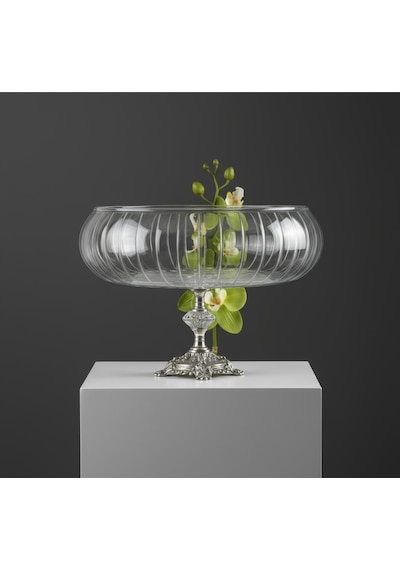 Elta Collection Lotus Kristal 24 Cm Kesme Dekor Metal Ayaklı Salata Kasesi Cam Sunumluk- Servis Tabağı gümüş