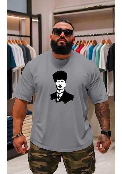 Atatürk Baskılı Oversize Unisex Tişört Gri