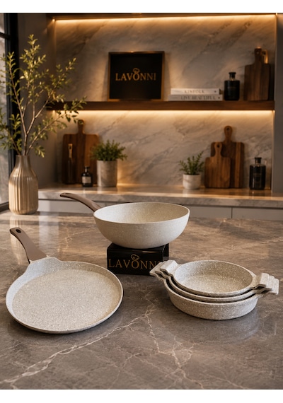 Terra Grand Set 5 Parça Döküm Granit Wok Tava, Krep Tava Ve Sahan Seti 28 Cm Wok Tava 28 Cm Krep Tava 18-20-22 Cm Sahan Cappuccino Kahverengi