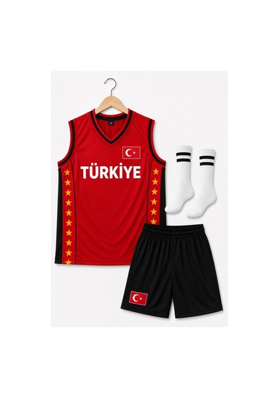 Sonvadi Çocuk Basketbol Forması Türkiye Armalı Kırmızı-siyah 3 Parça Çorap Kırmızı