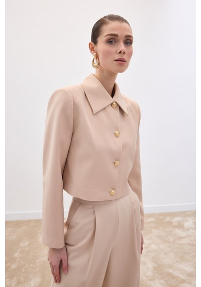 Sateen Düğmeli Kısa Ceket - Bej-136590 Bej
