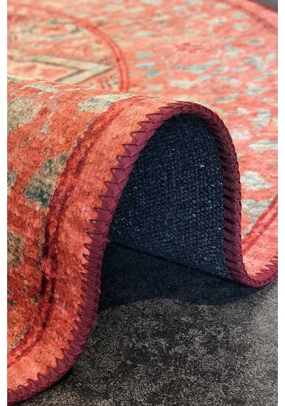Frenda Home Vintage Desen Pamuk Taban Baskılı Yıkanabilir Oval Halı Kırmızı