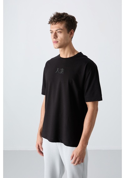 Tommy Life Siyah Pamuklu Kalın Yumuşak Dokulu Oversize Fit Baskılı Erkek T-shirt - 88342 Siyah